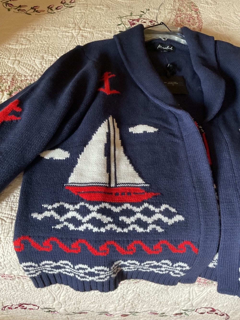 NWT Marine Navy Blue Cotton Long Sleeves Knit Vacation Open Front Woman Jacket - Picture 8 of 15